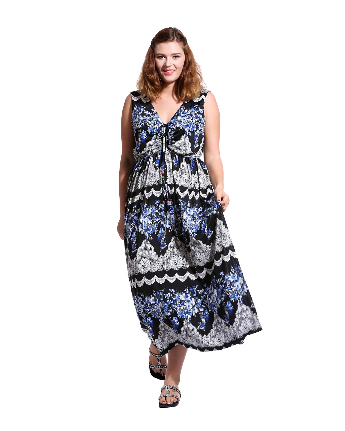 Dilanni Women Sexy V neck Halter Long Summer Maxi Casual Holiday Beach Sundresses (XX-Large,Color 2)