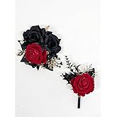 DESUNESS Wedding Flower Set with Rose Corsage and Boutonniere for Men (Black & Red)