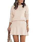 Tankaneo Womens Skirt 2 Piece Sweater Set Long Sleeve Crewneck Sweaters Pleated Mini Skirt Knit Lounge Sets