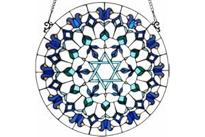 Bieye W10110 Star of David Tiffany Style Stained Glass Window Panel, 16-Inch Round Hanukkah Suncatcher, Hanging Judaica Decor