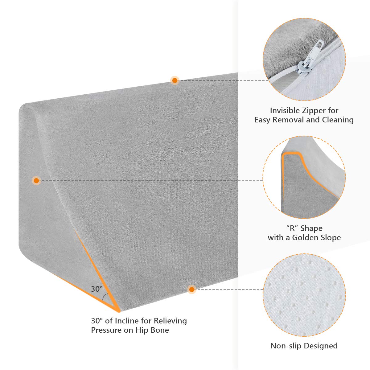 OasisSpace Side Wedge Pillow for Sleeping, Side Sleeper Body Back Positioners for Back Pain, Curved Shaped Turning Wedge Pillow for Side Sleeping, 30 Degree Triangle Foam Wedge Pillow