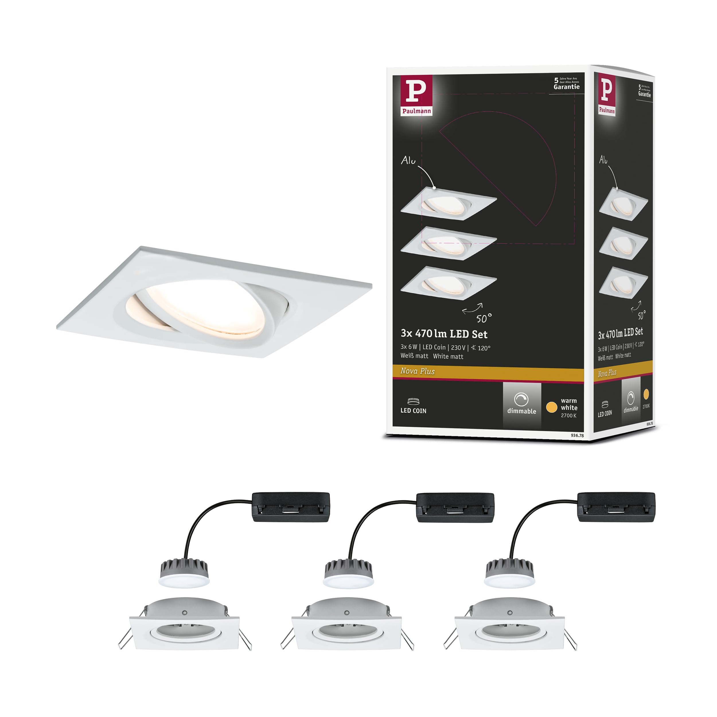 Paulmann 93678 Nova Plus LED recessed luminaire Set of 3 rect. Swivel 3x6.8W dimmable recessed Spotlight White matt spot Aluminium recessed lamp 2700K