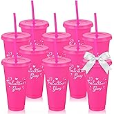 Qinyoung 10 Pcs 24 oz Galentine's Day Plastic Cups with Straw and Lid Galentine's Day Gift Tumbler Pink Plastic Cups for Valentine's Cold Drinks Home Office Decoration Party Favors
