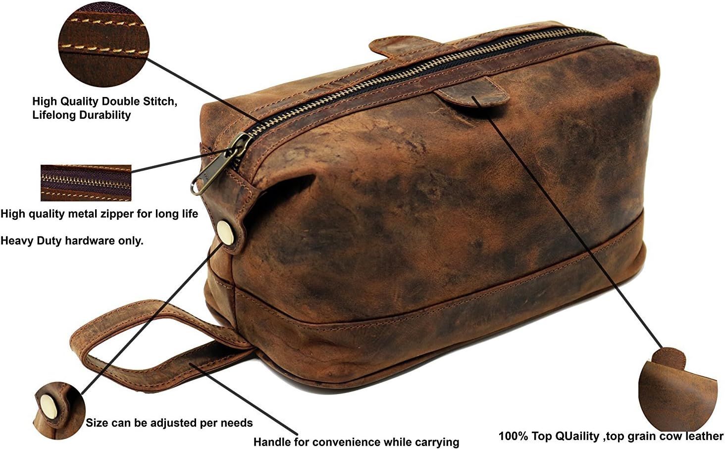 Men's Buffalo Genuine Leather Toiletry Bag Waterproof Dopp Kit Shaving Bags and Grooming for Travel Groomsmen Gift Men Women Hanging Zippered Makeup Bathroom Cosmetic Pouch Case Make Up kit - Image 3