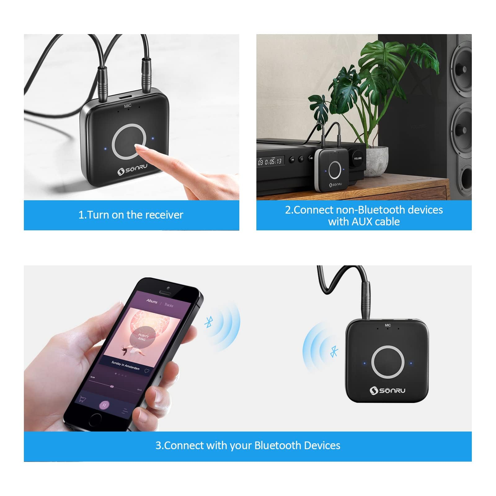 SONRU Bluetooth 5.3 Adapter Hi-Fi Equipment for Car Wireless Audio Receiver with 3.5mm AUX RCA Cable, Noise Cancellation, Dual AUX Outputs for Home Speakers Wired Headphones
