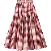materasu Women's Plaid Maxi Skirts Summer Casual Aline Elastic High Waist Pleated Flowy Long Skirt
