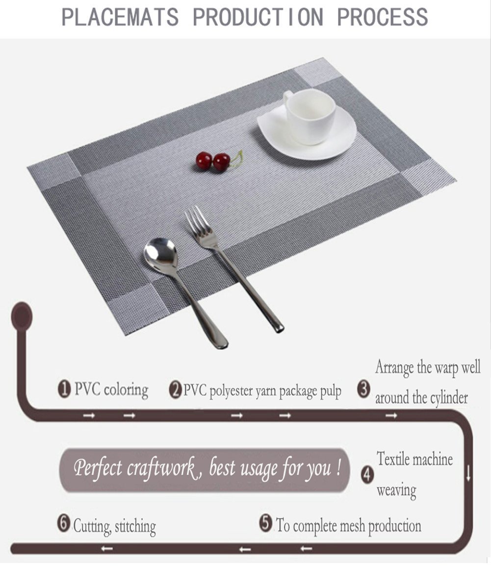 Silver Placemats,Vi-GO,Silver Table Mats,Non-slip Insulation Table Dinner Mats Weave Washable Dining Placemats for Kitchen Table Set. (6pack)