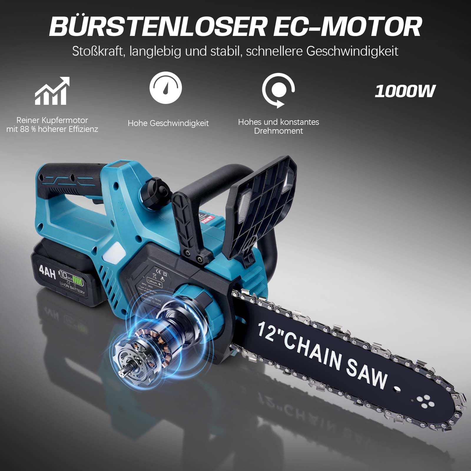 Akku Kettensäge 12 Zoll, Elektro Kettensäge kompatibel mit Makita 18V Akku | 1000W Bürstenloser Motor | Automatische Kettenschmierung | Werkzeuglose Kettenspannung | 30cm Schwertlänge (ohne Akku) 6