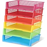 6 Pack Plastic Turn in Paper Trays, Retro Storage Bin Basket, Stackable Colorful Trays Set with Ventilation Design for Office Desk, Classroom Organization Supplies