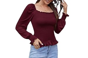 KTILG Square Neck Tops for Women Off The Shoulder Summer Crop Blouses Ladies Puff Short Sleeve Cute Casual Smocked Shirts