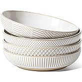 LE TAUCI Pasta Bowls 46oz, Large Salad Bowl, Ceramic Serving Plate, House-warming Wedding Present, Embossment Stoneware Bowl for Fruits, Noodle, Dinner - 9 Inch, Set of 4, Arctic White
