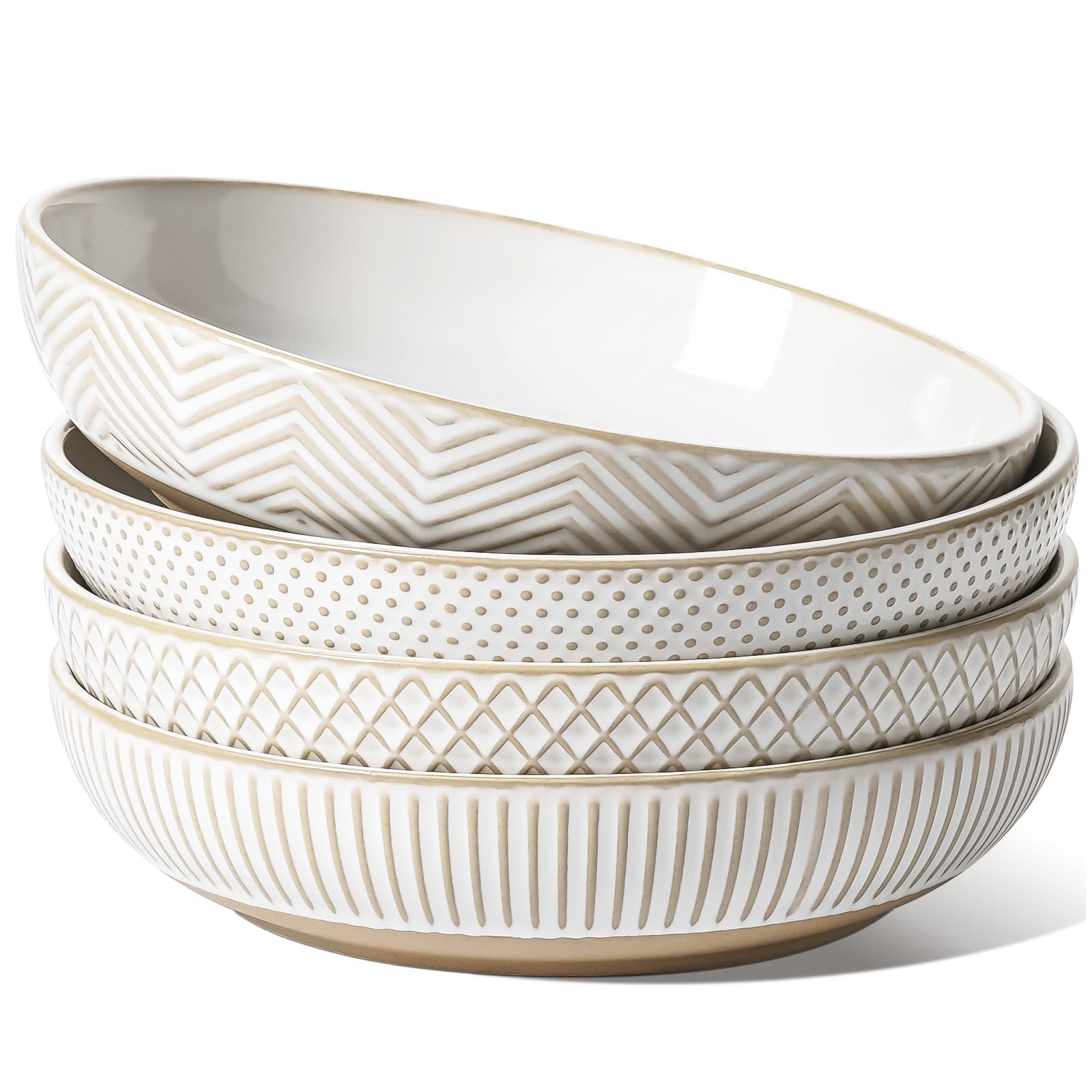 Photo 1 of LE TAUCI Pasta Bowls 46oz, Large Salad Bowl, Ceramic Serving Plate, House-warming Wedding Present, Embossment Stoneware Bowl for Fruits, Noodle, Dinner - 9 Inch, Set of 4, Arctic White1072846374