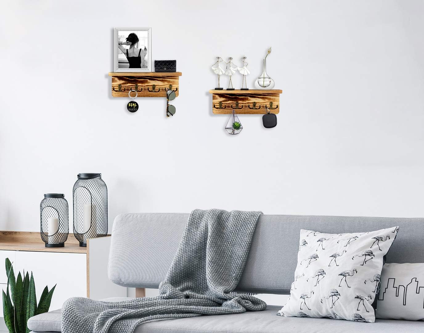 Key Holder for Wall Wooden Key Rack with Shelf Rustic Key Mail Holder Organizer with 4 Dual Key Hooks for Hat Handbags Hanging Coat Rack Hme Decor for Entryway, Bathroom and Kitchen, Fire Color: Home Improvement