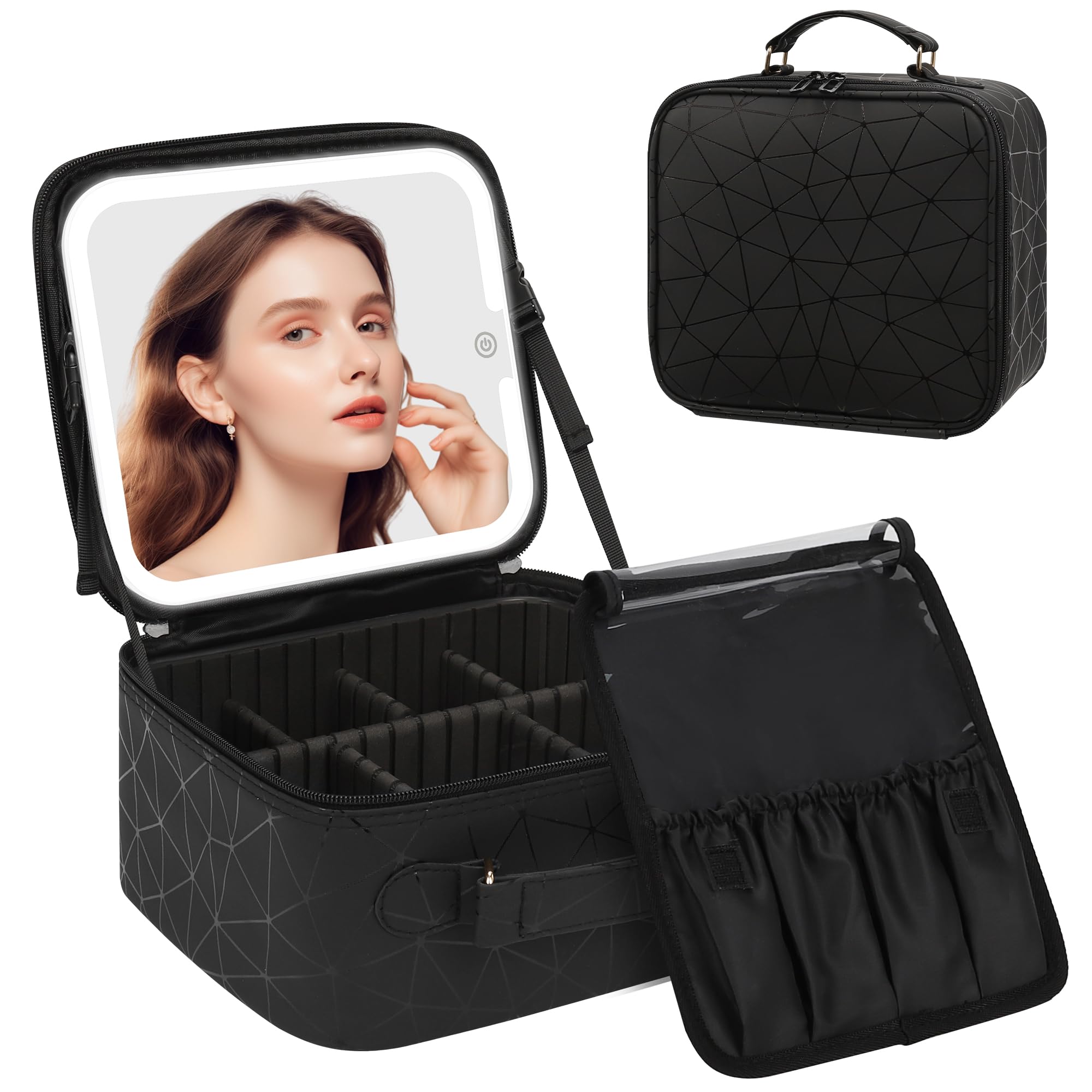 Photo 1 of Chomeiu Makeup Bag with LED Mirror, Cute Cosmetic Bags Birthday Gifts for Girls Women, Makeup Train Case Artists Organizer Large Make Up Bags with Light Up Mirror 3 Color Lights, Black Geometric