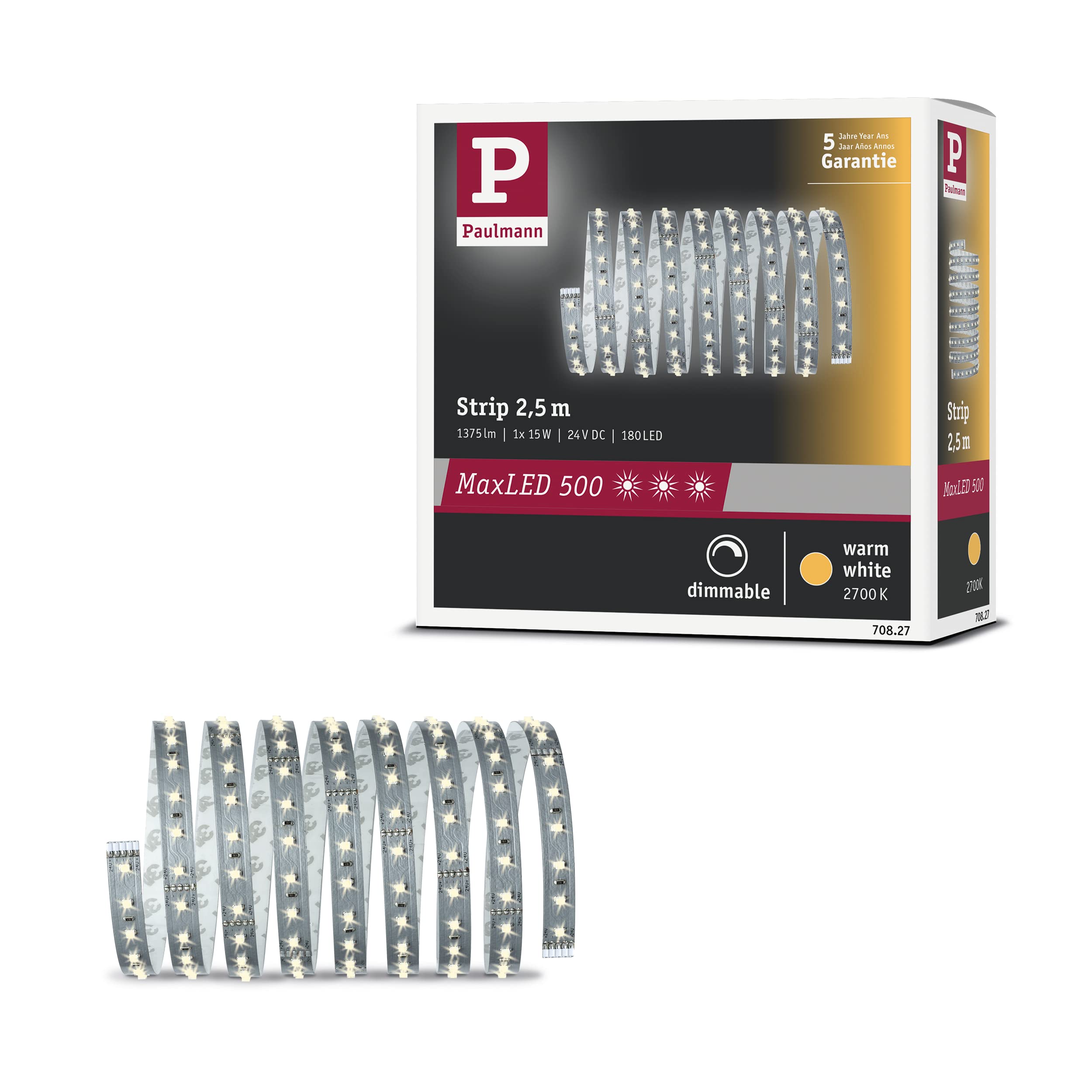 Paulmann 70827 MaxLED 500 LED Strip incl. 1x16-watt dimmable Lighting Strip Silver Light Strip Plastic LED Strip 2700 K