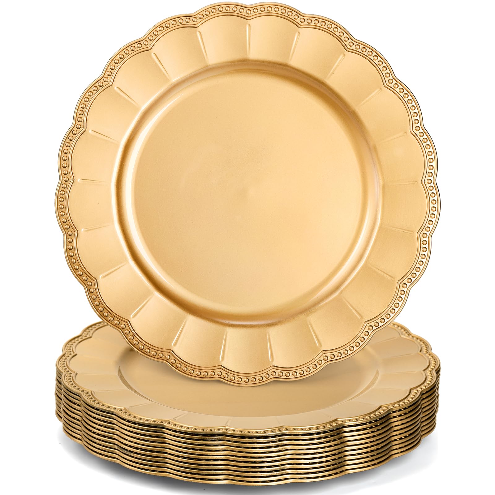 Photo 1 of Kingrol 12 Pack 13 Inch Gold Charger Plates, Glam Dinner Chargers, Heavy Duty and Reusable Plastic Plates for Wedding Anniversary Christmas Party Table Setting