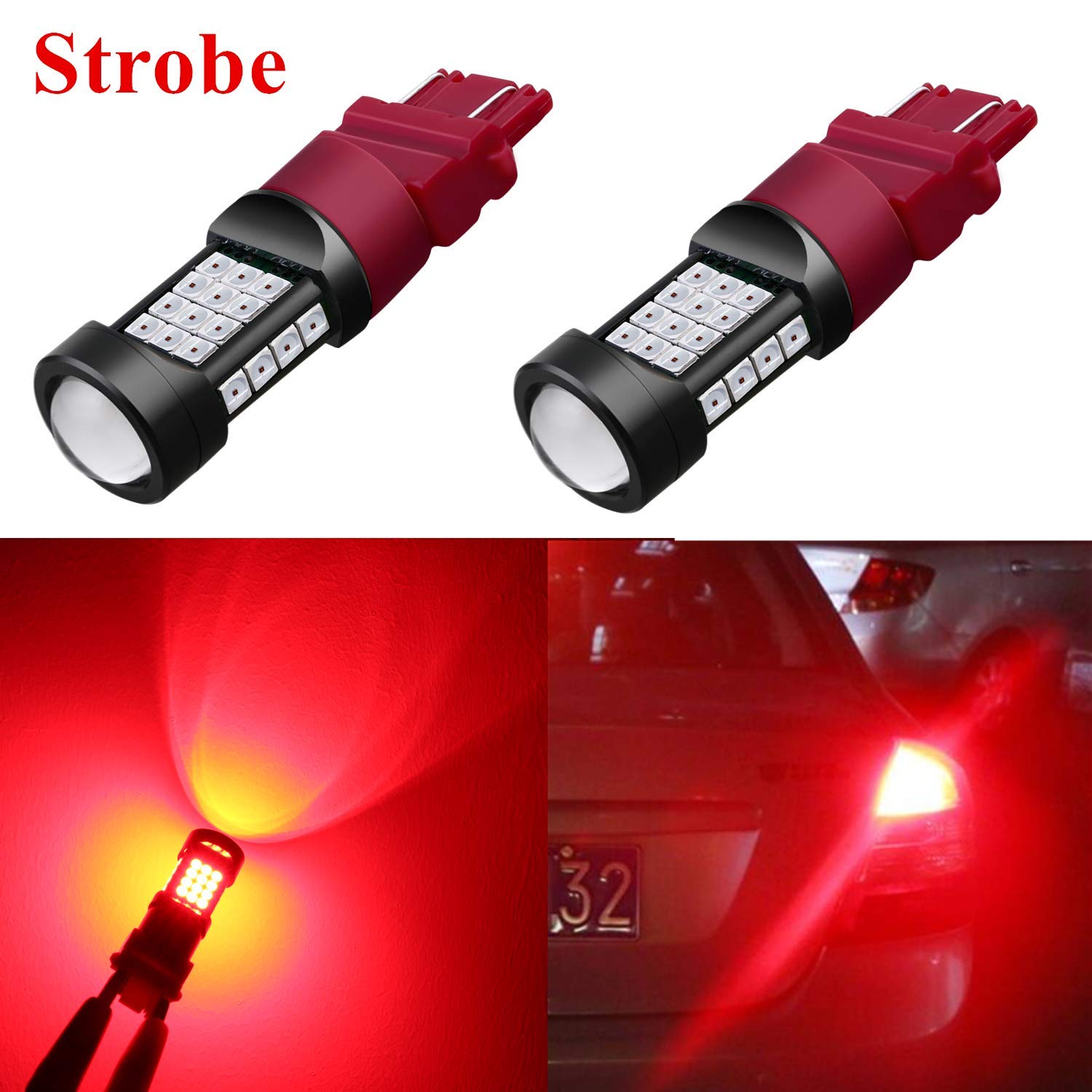 Alla Lighting 3800lm 3156 3157 Red LED Strobe Brake Lights Bulbs Xtreme