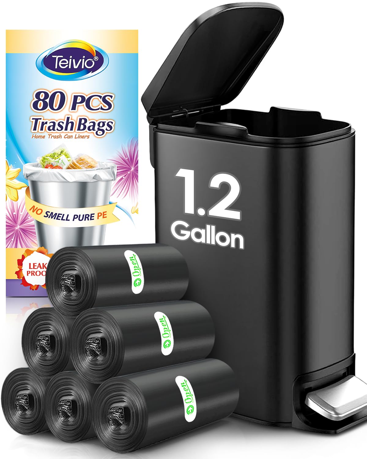 Photo 1 of 1.2 Gallon 80 counts Strong Trash Bags Garbage Bags, Bathroom Trash Can Bin Liners, Small Plastic Bags for home office kitchen, fit 5-6 Liter, 0.8-1.6 and 1-1.5 Gal, Black
