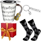 Tioncy 4 Pcs Music Lover Teacher Gifts, Music Coffee Mug Cup with Lid, Note Socks, Keychain, Red Gift Box for Graduation Birthday Christmas Students Men Women Band Teacher Musician(Guitar)