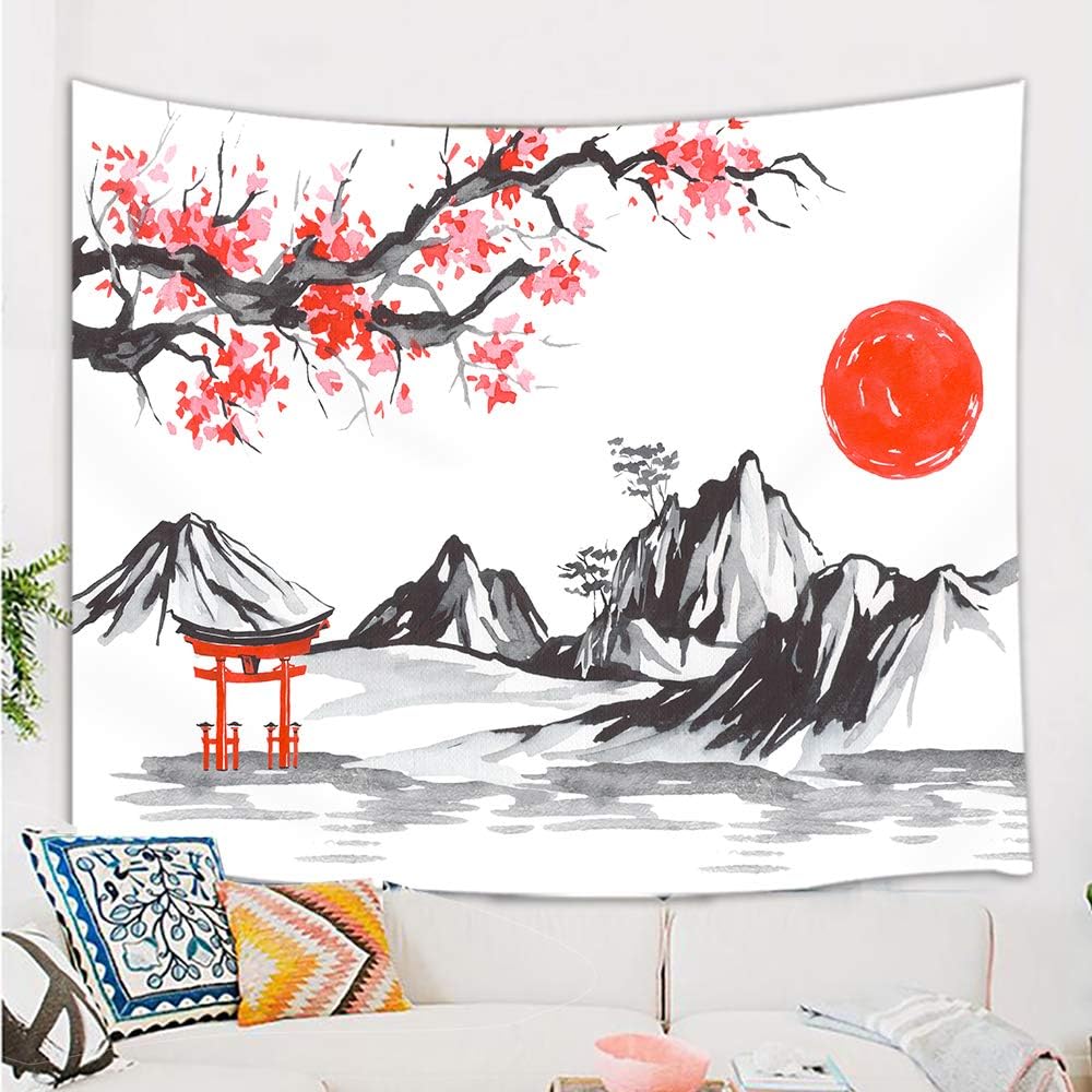 Japanese Tapestry Wall Hanging, Japan Anime Tapestry Japanese Fuji Mountain Sakura Red Sun Asian Watercolor Ink Art Tapestry for Bedroom Living Room Dorm, Small Tapestry 60X40IN