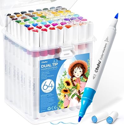 Ohuhu 64 Colour Water-Based Markers Dual Tip Brush & Fine Nontoxic