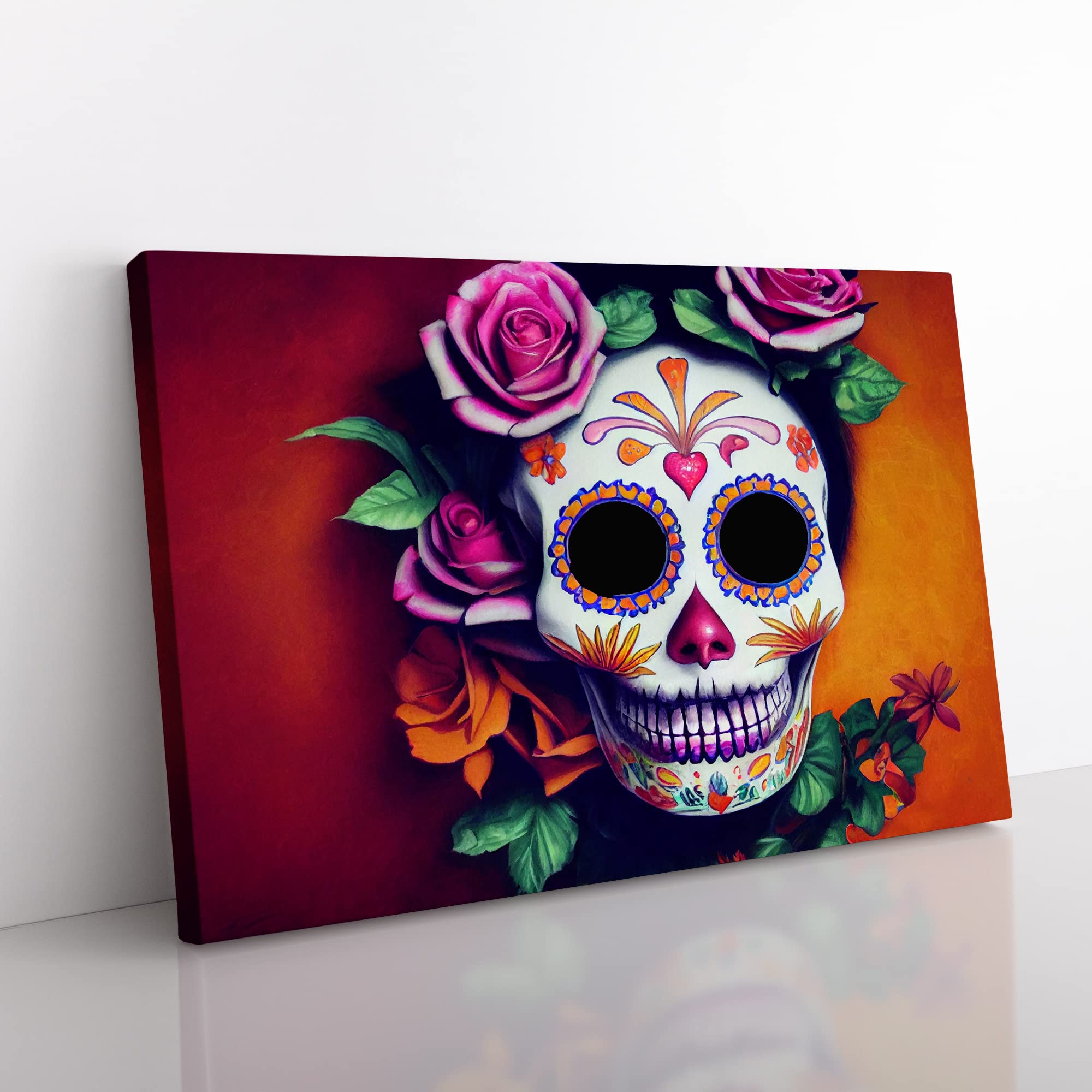 Refined Floral Sugar Skull Canvas Wall Art Print Ready to Hang, Framed Picture for Living Room Bedroom Home Office Décor, 50x35 cm (20x14 Inch)