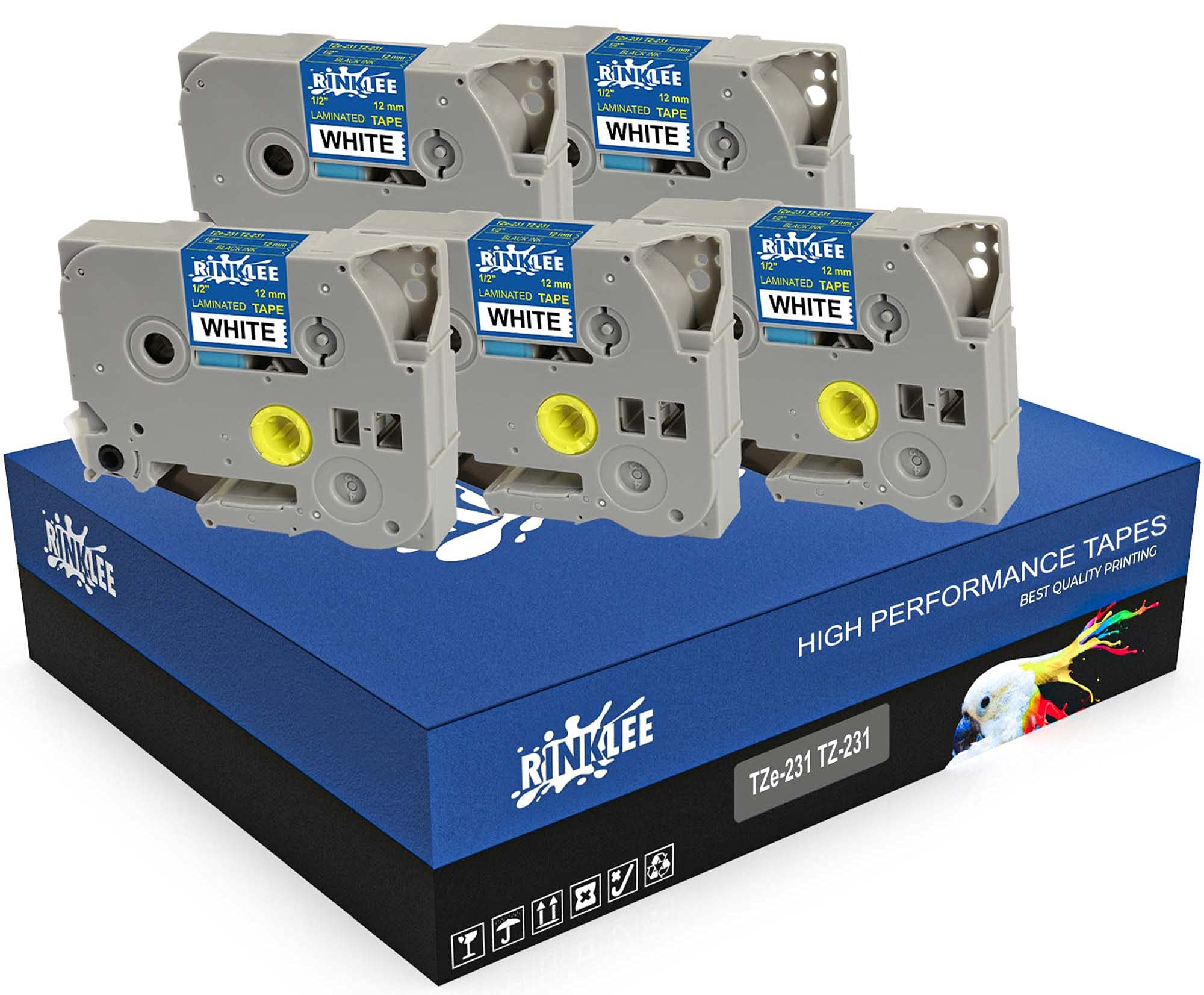 RINKLEE TZe-231 TZ-231 Black on White Label Tape Compatible with Brother P-Touch PT-1000 1005 1010 H101C H105 H110 H101GB H300 D210VP D400VP D450VP D600VP D210 P700 P750W Cube | 12 mm x 8 m | 5-Pack
