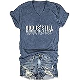 MUYLANTEZ Womens God is Still Writing Your Story Stop Trying to Steal The Pen T-Shirt V Neck Graphic Tees Christian Shirts