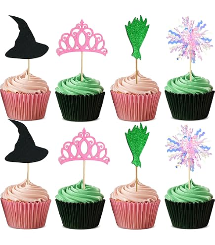 Cutecrop 24-Pack Witch Hat & Crown Cake Toppers, Mini Silver Crowns & Black Wizard Hats For Cupcakes