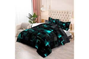 NTTOPSHIP Geometric Turquoise Black Comforter Set,Light Honeycomb 3 Piece Bedding Set Full Size for Teen Boys,Modern Quilt Set Geometry Decor,Microfiber Lightweight 1 Comforter 2 Pillowcases All Season