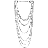 COOLSTEELANDBEYOND Silver Color Statement Necklace Waterfall Multi-Strand Curb Link Rolo Chains, Punk Rock Cool