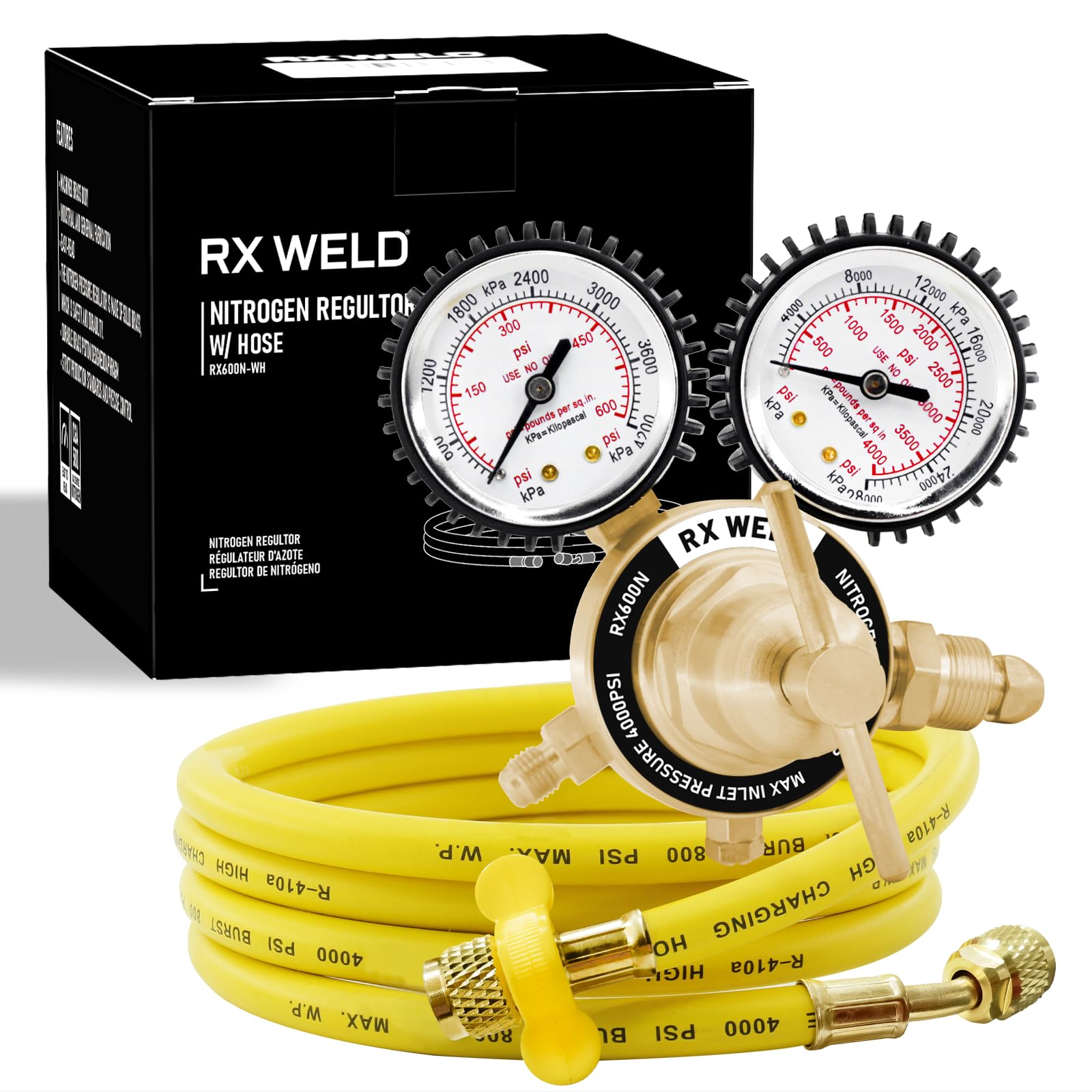 Photo 1 of RX WELD Nitrogen Regulator with 0-600 PSI, CGA580 Inlet, 1/4-Inch Male Flare Outlet Connection, Nitrogen Tank Regulator with 5Ft Refrigeration Hose