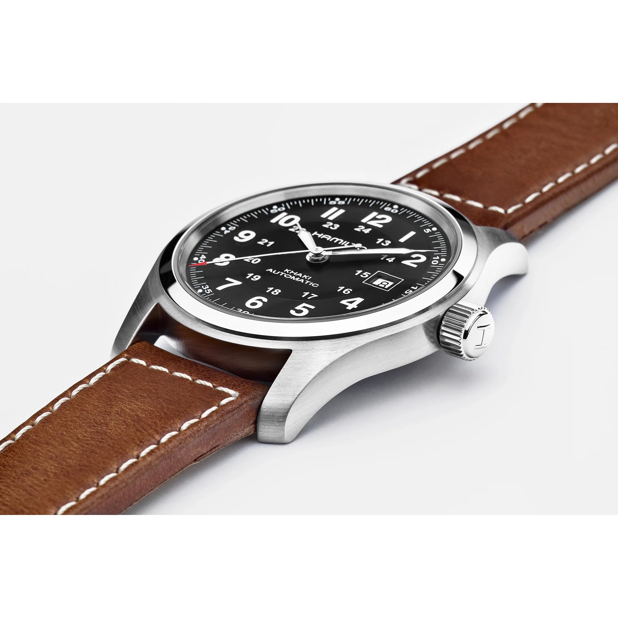 Hamilton Watch Khaki Field Auto | Swiss Made | 42mm Stainless Steel Case | Black Dial Analog Watch | Leather Strap (Model: H70555533)