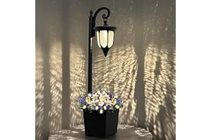 Yonaveil Solar Lamp Post Light with Planter, Outdoor Solar Lights with Crackle Glass, Matte Black Outdoor Flower Pots, 2 in 1 Solar Post Lights Waterproof for Porch Garden Patio