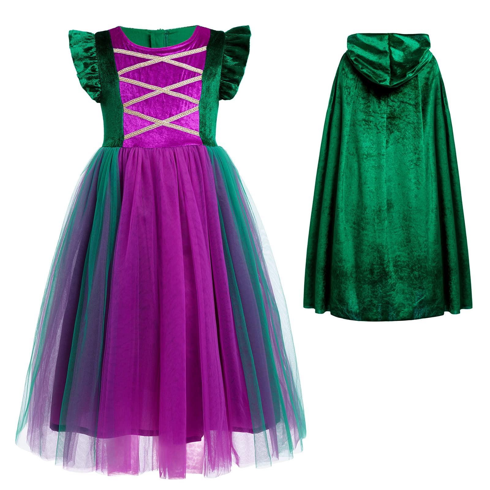 FYMNSI Girls Halloween Costume Kids Witch Winifred Sarah Sanderson Sister Cosplay Carnival Fancy Dress Up Mary Magic Party Tulle Long Dress With Hooded Velvet Cape Cloak Green 11-12 Years