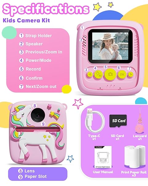 LIZZBEY KIDS CAMERA INSTANT PRINT, CHRISTMAS BIRTHDAY GIFT FOR GIRLS 3-12 YEAR OLD, 1080P KIDS DIGITAL CAMERA TOYS WITH UNICORN COVER, TODDLER CAMERA FOR 4 5 6 7 8 9 10 YEAR OLD GIRLS BOYS