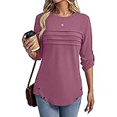 TICTICMISS Women's 3/4 Length Rolled Sleeve Tunic Tops Pleated Crew Neck T Shirts Both Side Buttons Summer Blouses