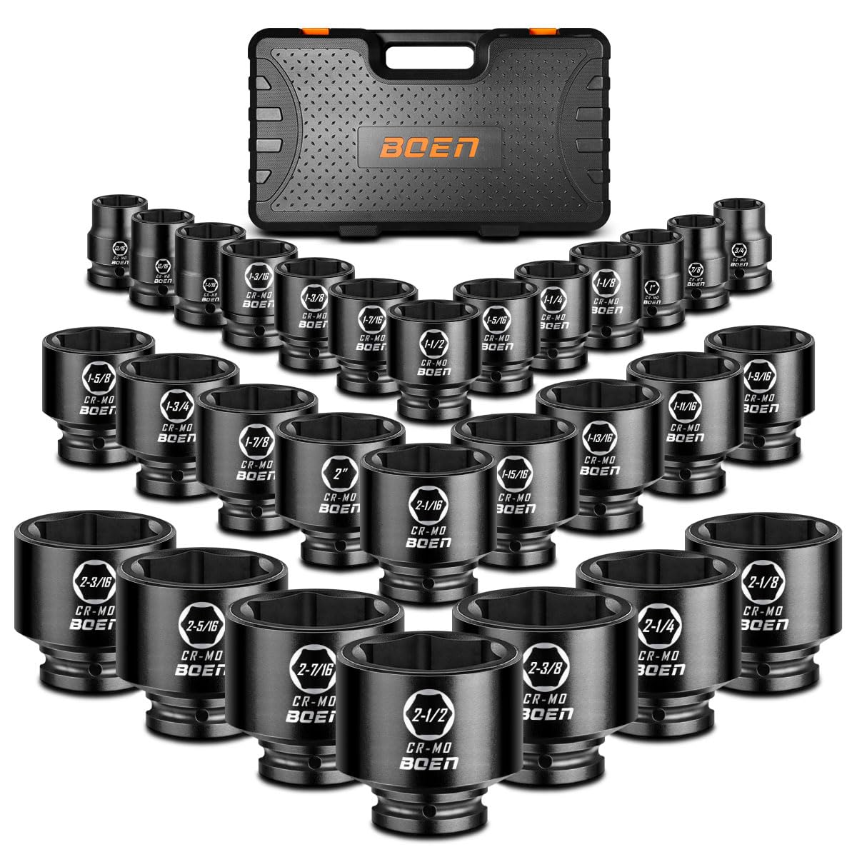 Photo 1 of boen 3/4" Drive SAE Impact Socket Set, 3/4 inch - 2-1/2 inch Large Sockets, 6-Point Sockets, Rugged Construction, CR-MO, Standard Socket Set, 29PCS with Storage Case