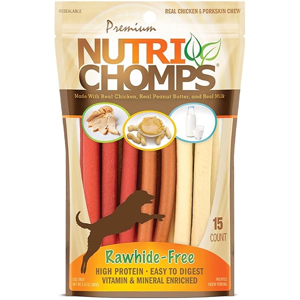 NUTRI CHOMPS DOG CHEWS, 5-INCH TWISTS, EASY TO DIGEST, RAWHIDE-FREE DOG TREATS, 15 COUNT, REAL CHICKEN, PEANUT BUTTER AND MILK FLAVORS