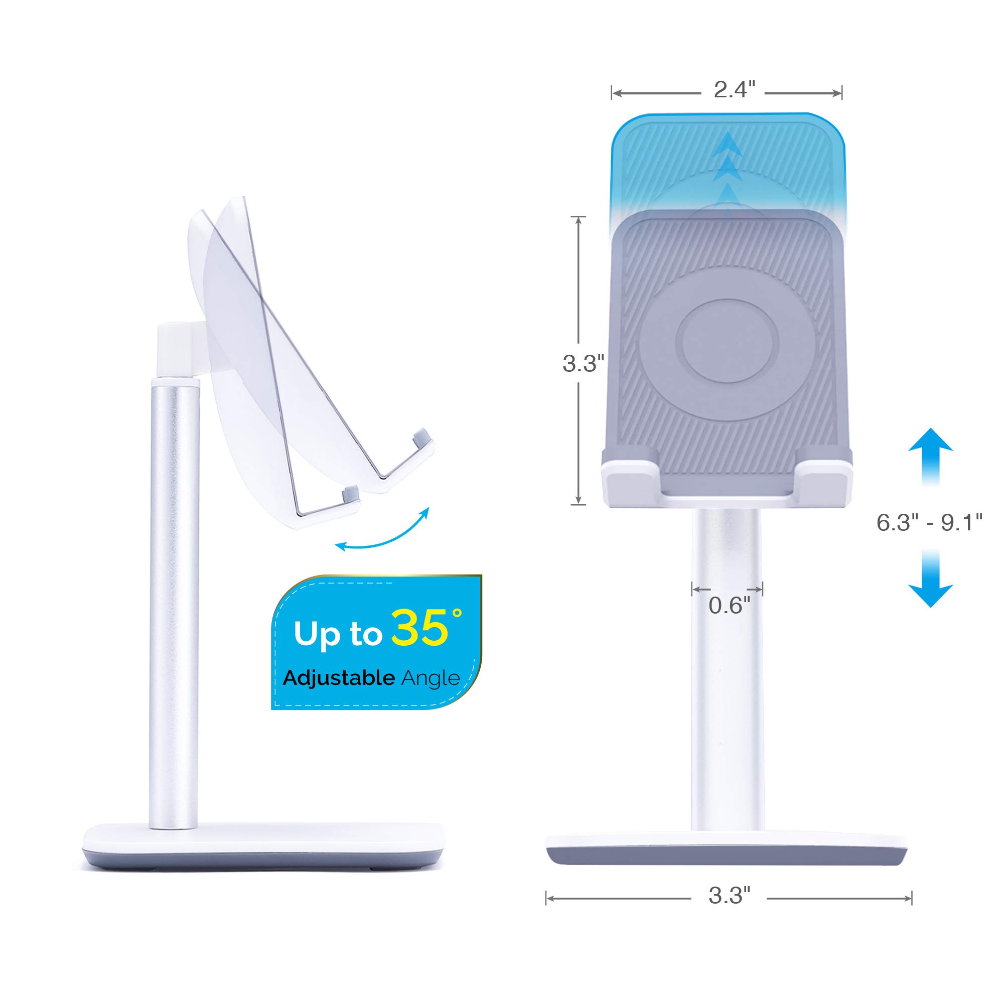 Upgraded Version Desktop Cell Phone Stand Tablet Holder, Height and Angle Adjustable Phone Holder Dock, Compatible with Tablet Up to 10.5 Inch (White)