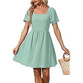 OFEEFAN Women Puff Sleeve Square Neck Tie in Back Dresses with Zipper