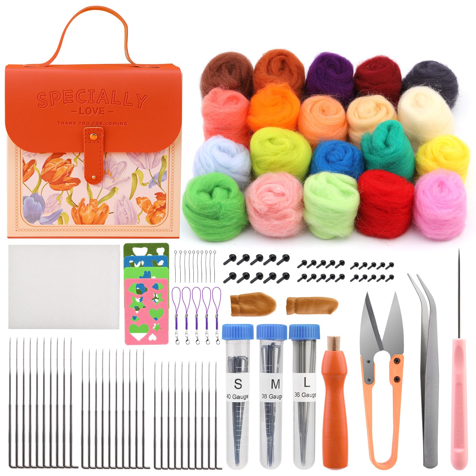 Qzma Needle Felting Kit, Wool Felting Kit in 20 Colors, Felting Kit Beginner Felt Molds with Portable Storage Box for DIY Craft Home Decoration