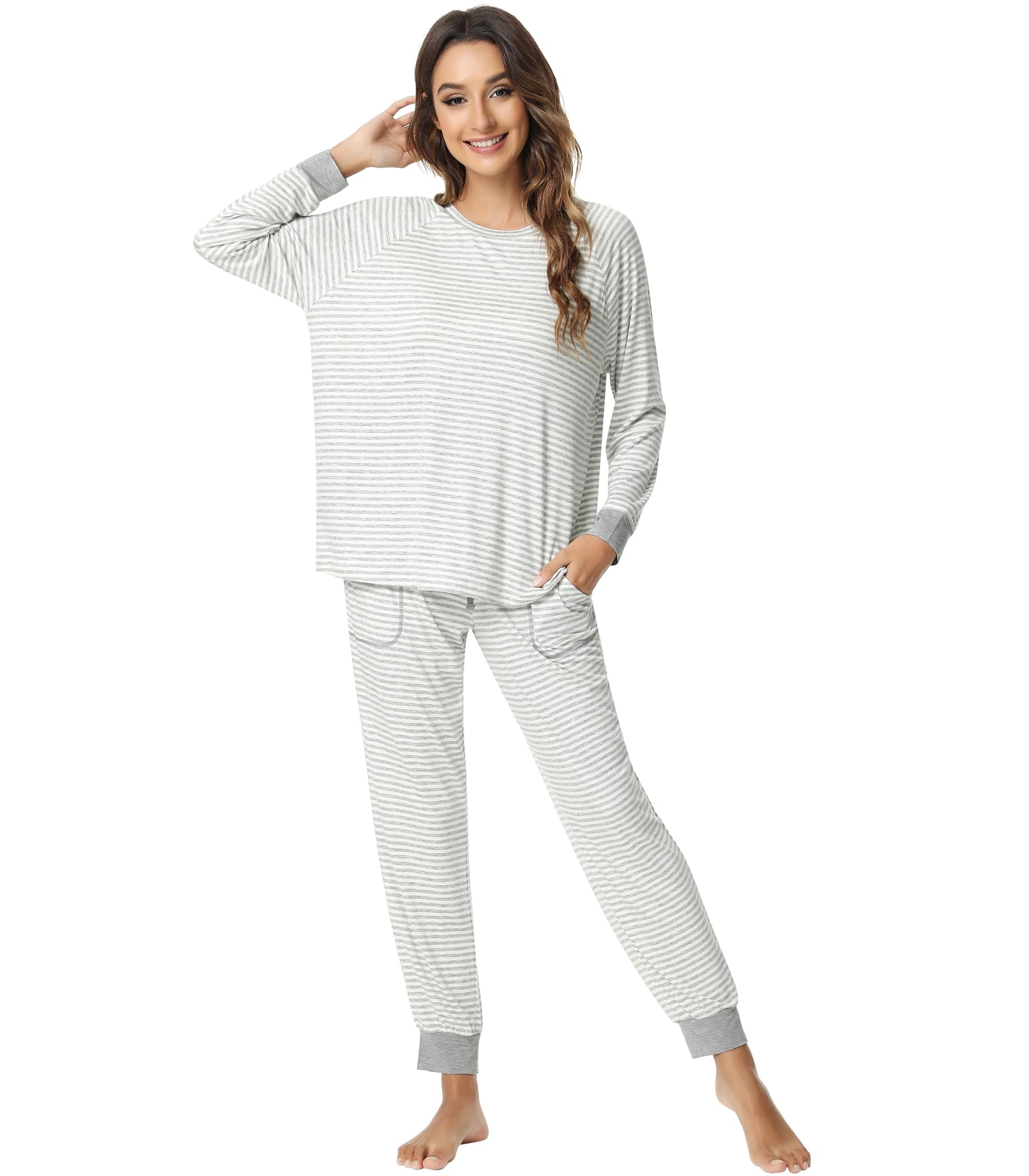 Photo 1 of NACHILA Pajamas for Women-Viscose Made from Bamboo,Long Sleeve Pajama Sets Crew Neck Pj with Joggers Pants Soft 2 Piece Pjs Grey White Stripe L