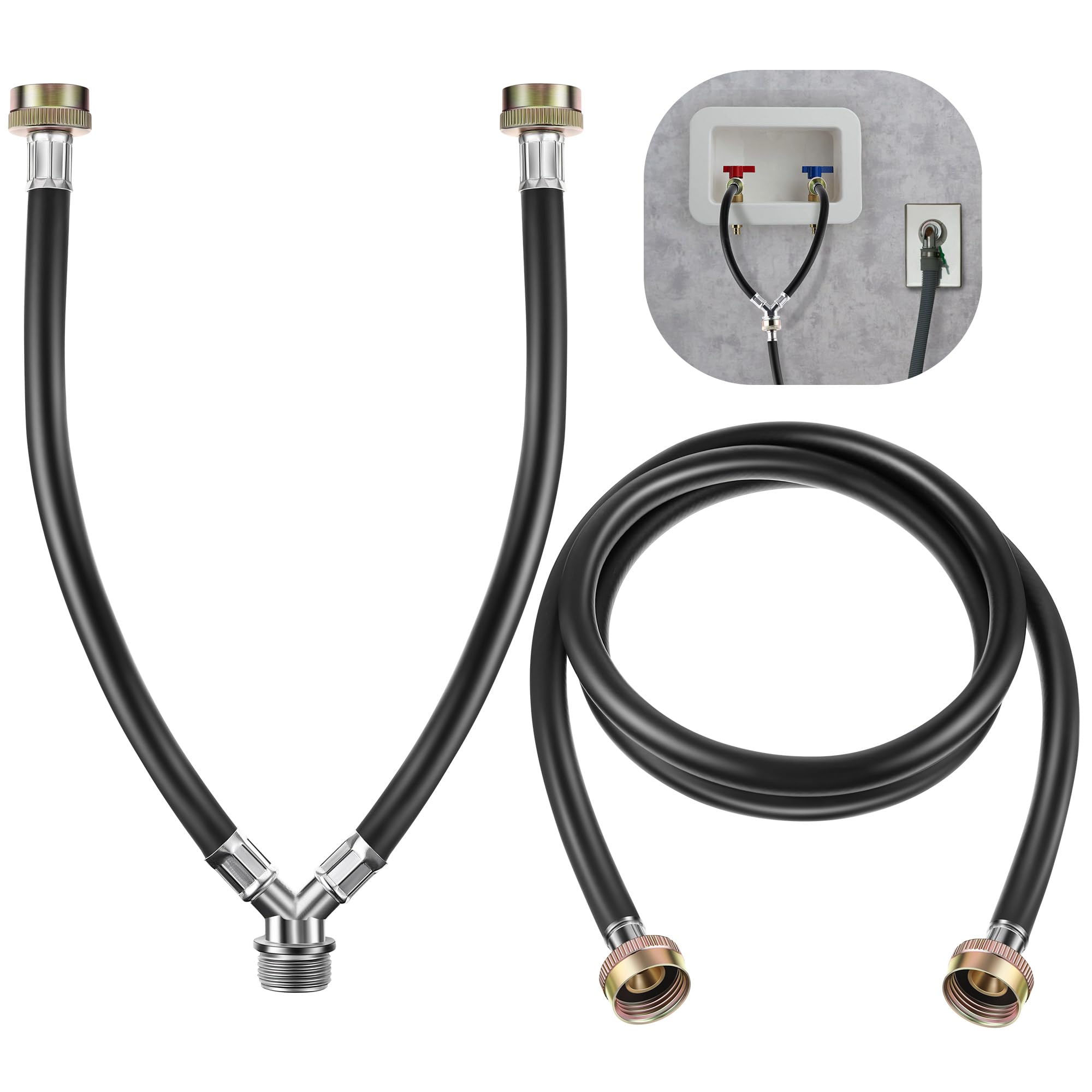 Photo 1 of Dreyoo Rubber Y Mixer Hose Connector and Washing Machine Hose, 1FT Hot and Cold Water Supply Splitter and 6FT Washing Machine Connector, Black