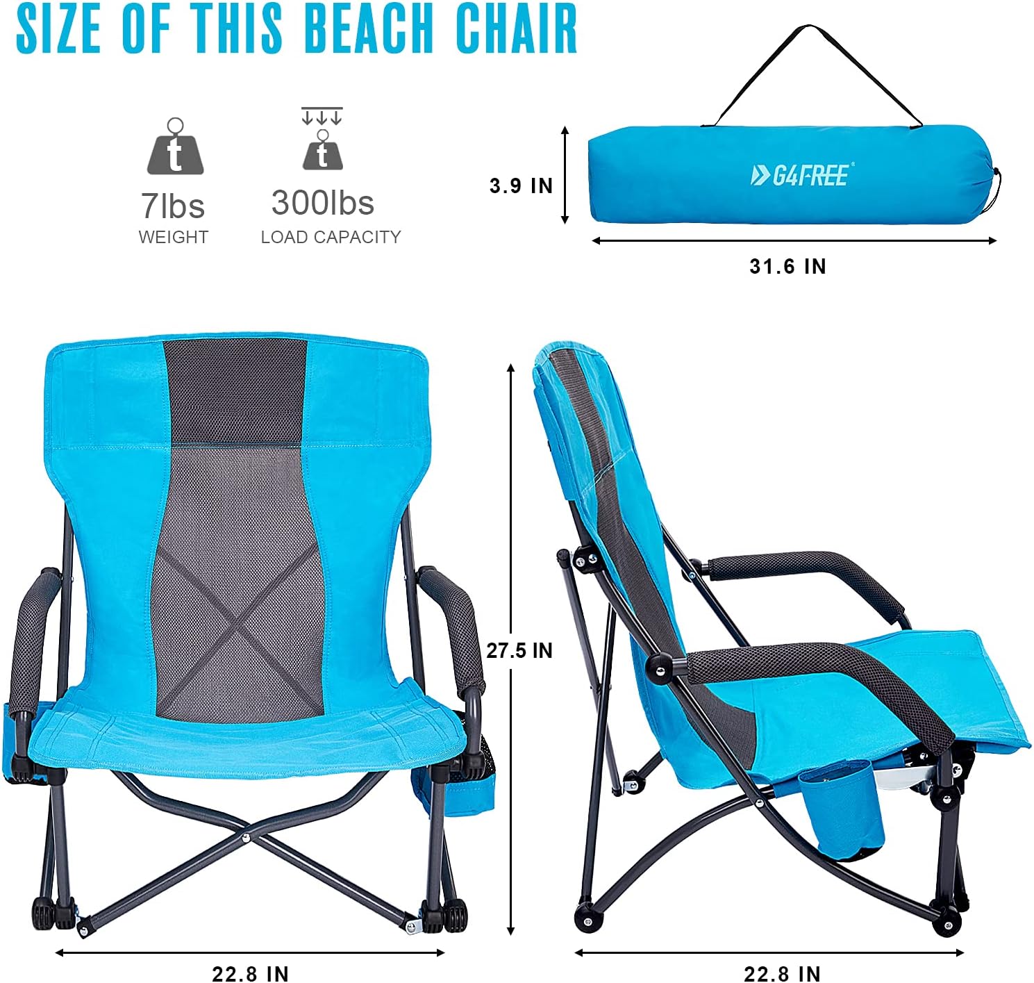 G4Free Low Beach Camping Folding Chair with Armrests, Ultralight Backpacking Chair with Cup Holder, for Camping Concert Lawn with Carry Bag (Blue): Kitchen & Dining
