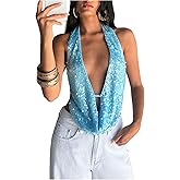 MakeMeChic Women's Sequin Open Back Halter Tops Sparkly Deep V Neck Draped Party Tank