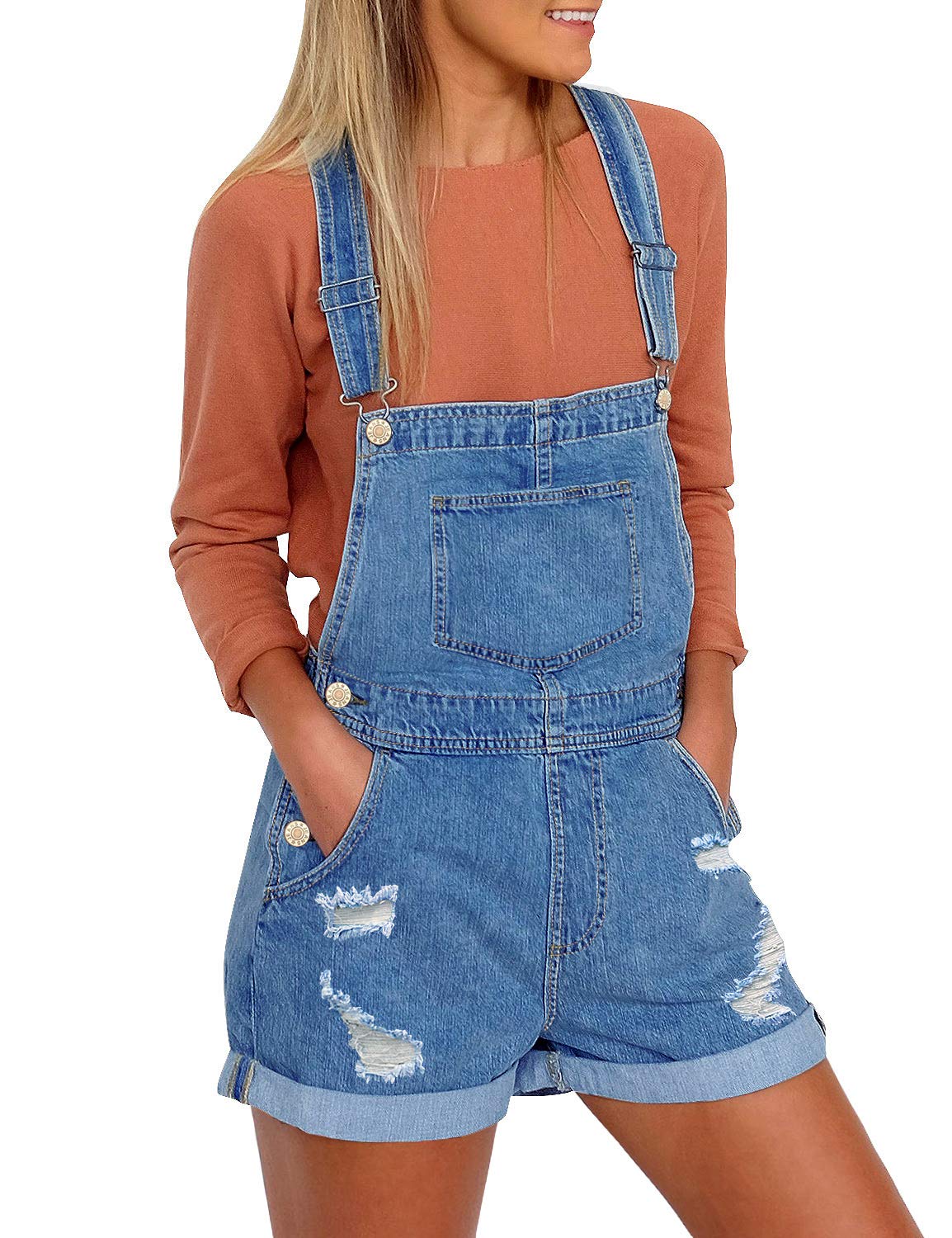 LookbookStore Women's Ripped Denim Bib Overall Shorts Raw Hem Shortall Jeans