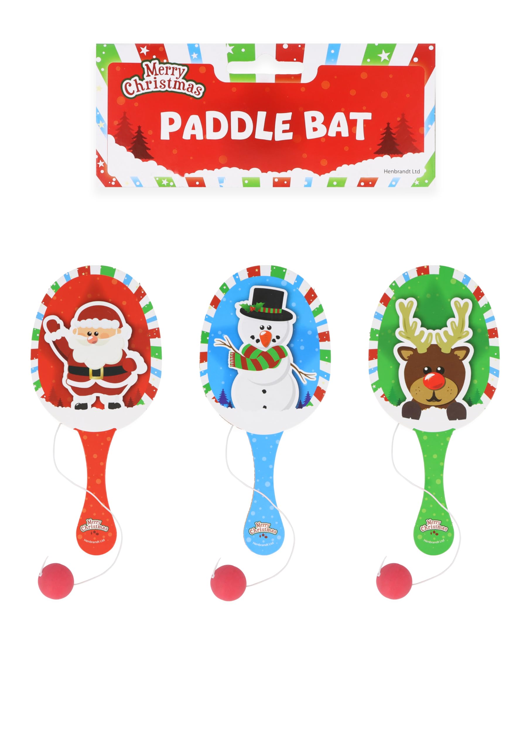 HENBRANDT 24x Christmas Wooden Paddle Bat and Ball Game for Kids Unisex Party Bag Favours Loot Bag Stocking Fillers Xmas Gifts Snowman Santa Claus Elf Game for Boys and Girls