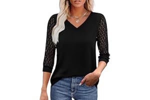 XIEERDUO Blouses for Women Dressy Casual 3/4 Length Sleeve Womens Tops V-Neck with Lace