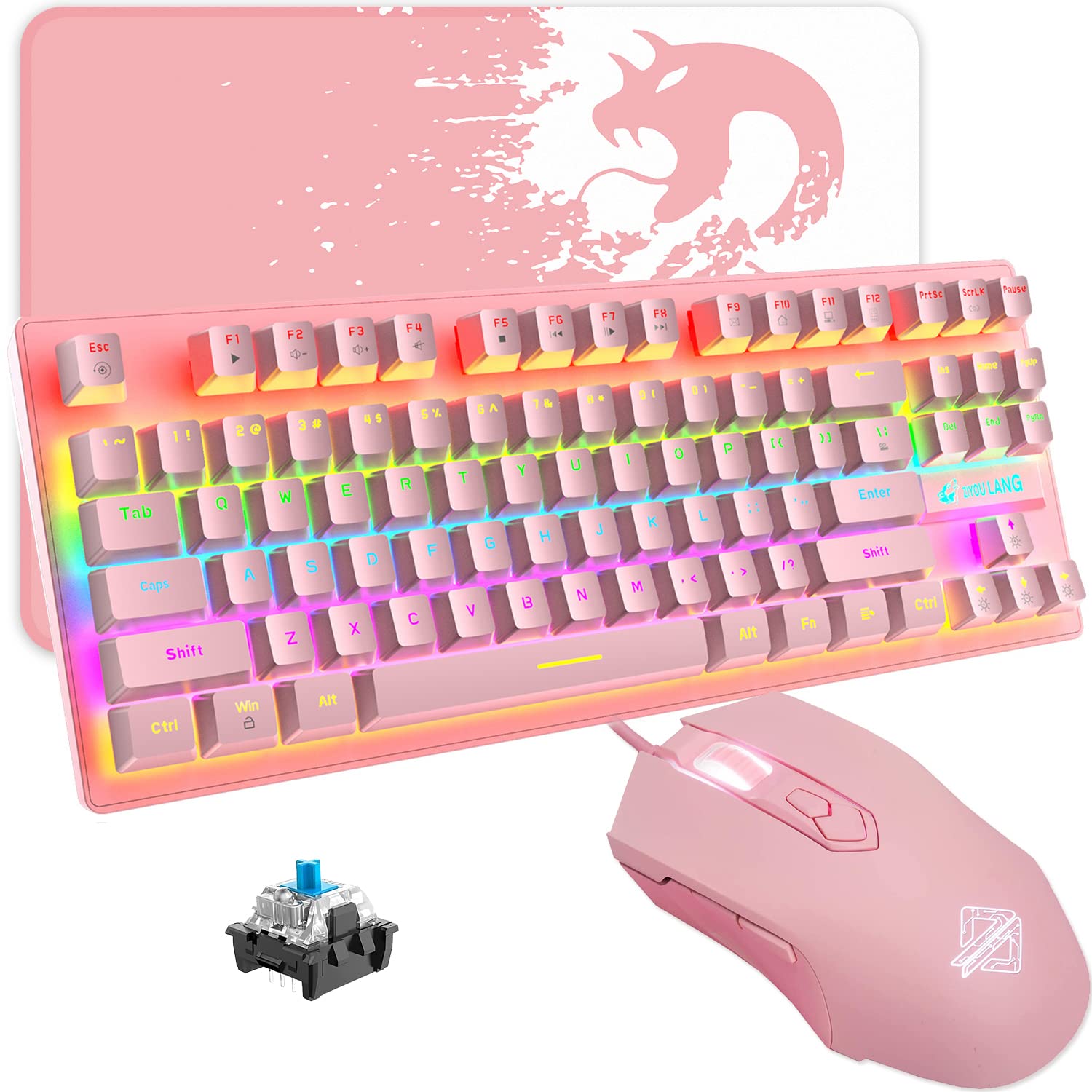 Wired Gaming Keyboard Mouse Set, Wired Mini 87 Keys Blue Switch Compact Mechanical Keyboard with 8 Rainbow Backlit Mode,29 Keys Anti-ghosting + 6400DPI Lightweight Gaming Honeycomb Mouse + Mouse Pad